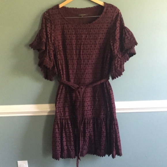 Adolfo Dominguez designer eyelet and lace plum dress Tie waist Feminine flirty 6 - Picture 2 of 14